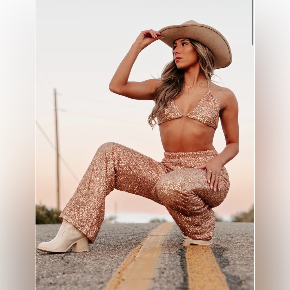 NanaMacs Glittering Bronze Wide Leg Pants & Bikini Top NWT size Large